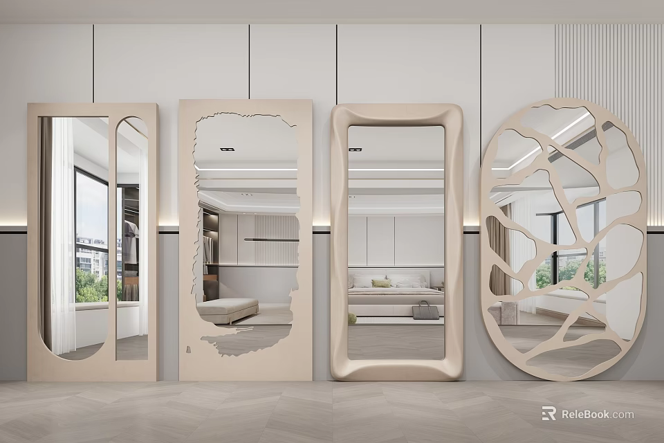 Decorative Mirrors With Various Unique Shapes In Modern Interior Setting 3d model 