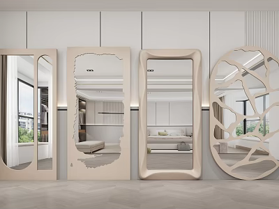 Decorative Mirrors With Various Unique Shapes In Modern Interior Setting 3d model