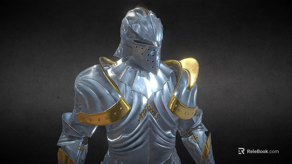 Man In Shiny Silver Medieval Armor With Golden Accents And Intricate Details 3d model 