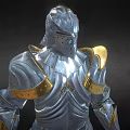 Man In Shiny Silver Medieval Armor With Golden Accents And Intricate Details