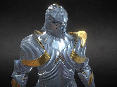 Man In Shiny Silver Medieval Armor With Golden Accents And Intricate Details 3d model