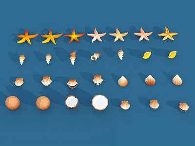Aquatic Animals Starfish And Seashells In Various Colors Arranged On Blue Background 3d model