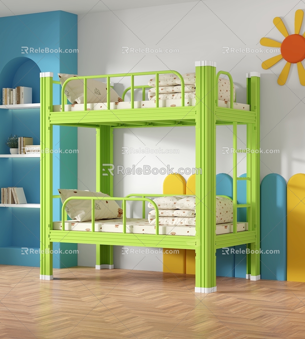 Thickened Bunk Bed Iron Upper and Lower Bunk Student Steel Frame High and Low Bed Double Staff Kindergarten Single Iron Frame Upper and Lower Bed Dormitory 3d model