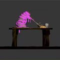 Wooden Table On Platform With Pink Object Cutting Board Knife Small Jars And Yellow Butter