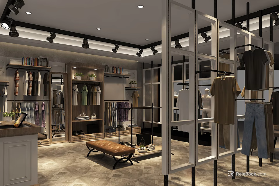 Modern Clothing Store Interior With Clothing Racks Displayed Garments And Seating Area 3d model 
