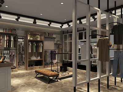 Modern Clothing Store Interior With Clothing Racks Displayed Garments And Seating Area 3d model