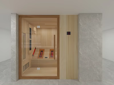 Modern Wooden Sauna Room With Glass Door Wooden Panels And Comfortable Seats 3d model