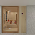 Modern Wooden Sauna Room With Glass Door Wooden Panels And Comfortable Seats