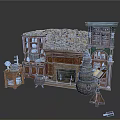 Rustic Medieval Interior With Fireplace Stacked Logs Cabinet Cauldron And Scroll