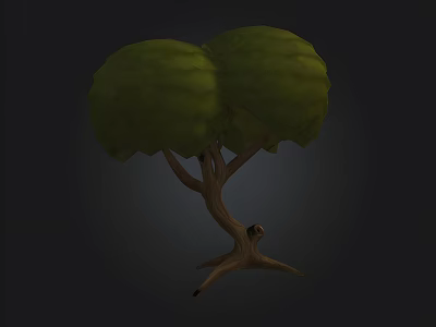 Tree With Two Rounded Green Canopies And Brown Trunk And Roots 3d model