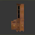 Antique Wooden Cabinet With Carved Details Glass Doors Open Drawer And Decorative Accents