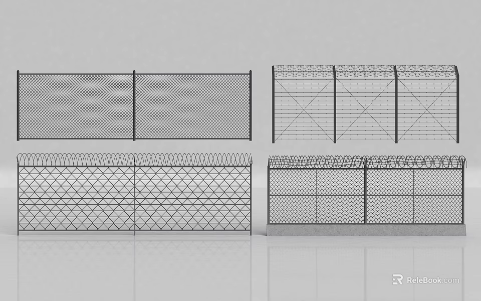 Different Types of Mesh Fence Panels With Barbed Wire and Grid Design 3d model 