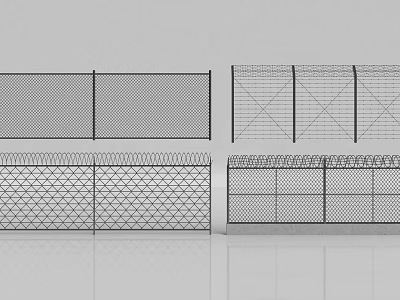 Different Types of Mesh Fence Panels With Barbed Wire and Grid Design 3d model