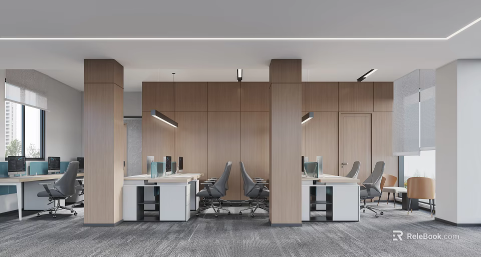 Open Plan Public Office Space With Wooden Walls Desks Office Chairs Computers And Pendant Lights 3d model 