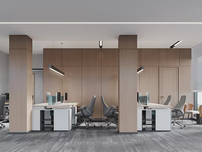 Open Plan Public Office Space With Wooden Walls Desks Office Chairs Computers And Pendant Lights 3d model