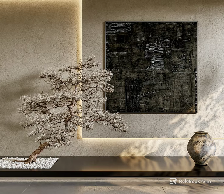 Modern Interior Design With Bonsai Pine Tree Abstract Painting And Ceramic Vase 3d model 