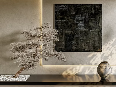 Modern Interior Design With Bonsai Pine Tree Abstract Painting And Ceramic Vase 3d model
