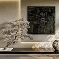 Modern Interior Design With Bonsai Pine Tree Abstract Painting And Ceramic Vase