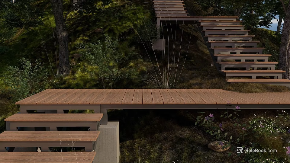 Natural Garden Landscape With Wooden Steps Deck Lush Greenery Trees And Flowers 3d model 
