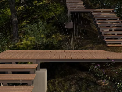 Natural Garden Landscape With Wooden Steps Deck Lush Greenery Trees And Flowers 3d model