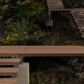 Natural Garden Landscape With Wooden Steps Deck Lush Greenery Trees And Flowers