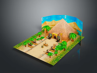 Scenic Ancient Desert Landscape With Pyramid Palm Trees Sandy Path And Greenery 3d model