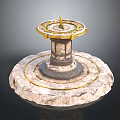 Scenic Outdoor Landscape With Ancient Sundial On Stone Base And Golden Decorations