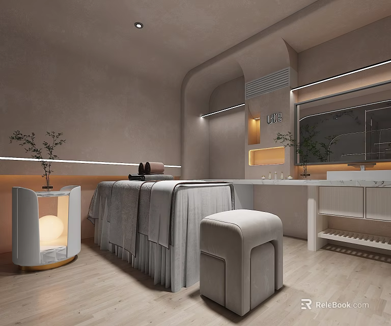 Serene Spa Sauna Interior With Massage Bed Soft Lighting And Wooden Flooring 3d model 