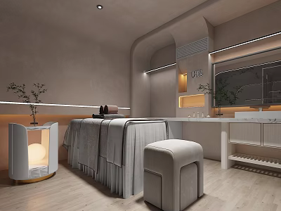 Serene Spa Sauna Interior With Massage Bed Soft Lighting And Wooden Flooring 3d model