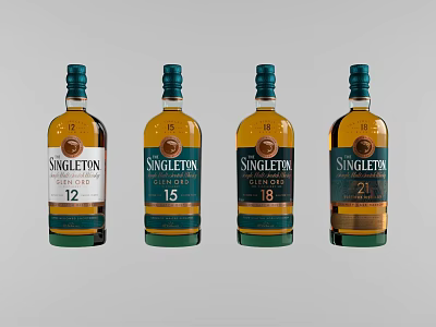 Singleton Whiskey Bottles With 12 15 18 21 Years Amber Liquid And Green Labels 3d model