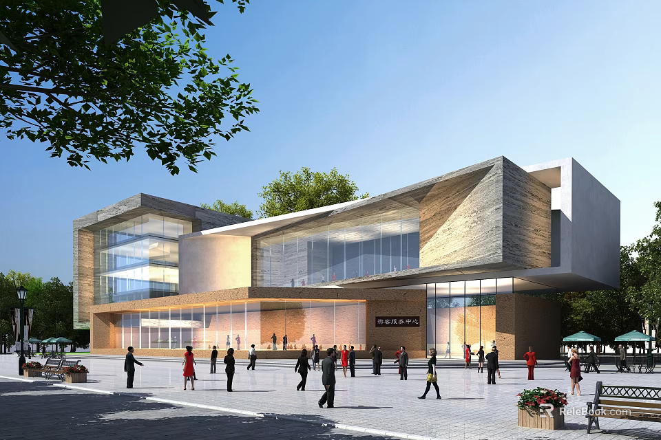 Modern Public Building With Glass Curtain Walls Wooden Elements And Plaza People Gathering 3d model 