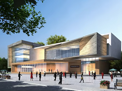 Modern Public Building With Glass Curtain Walls Wooden Elements And Plaza People Gathering 3d model