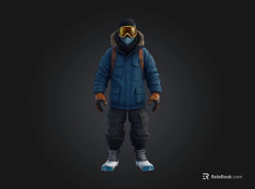 Person Wearing Blue Winter Jacket Hood Ski Goggles Backpack Dark Pants White Shoes 3d model 