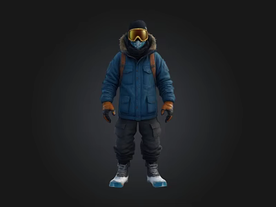 Person Wearing Blue Winter Jacket Hood Ski Goggles Backpack Dark Pants White Shoes 3d model