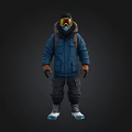 Person Wearing Blue Winter Jacket Hood Ski Goggles Backpack Dark Pants White Shoes