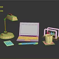 Modern Office Desk Setup With Gold Desk Lamp Silver Laptop Calculator And Blue Pen
