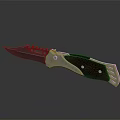 Tactical Knife With Red Wooden Handle Serrated Metal Blade And Decorative Accents On Reflective Surface