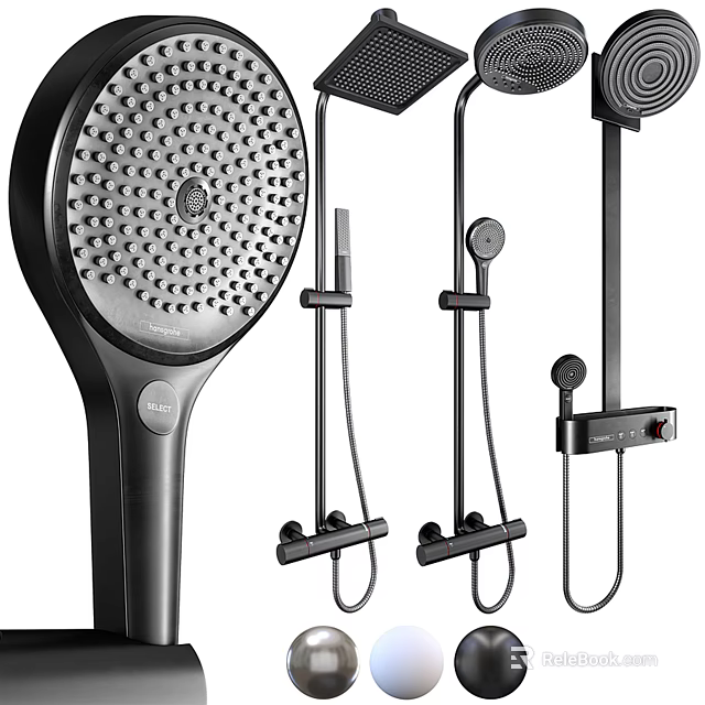 Black Shower Head System With Handheld Sprayer Rainfall Head Adjustable Brackets And Flexible Hose 3d model 