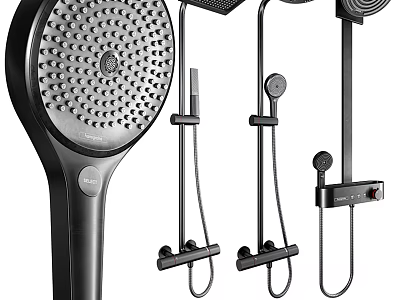 Black Shower Head System With Handheld Sprayer Rainfall Head Adjustable Brackets And Flexible Hose 3d model