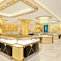 Elegant Luxurious Jewelry Store Interior With Golden Decor Glass Display Counters And Chandeliers