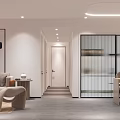 Modern Living And Dining Room Interior With Open Concept Glass Partitions And Lighting