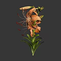 Orange Spotted Tiger Lily Plant with Green Leaves and Stem on Gray Background