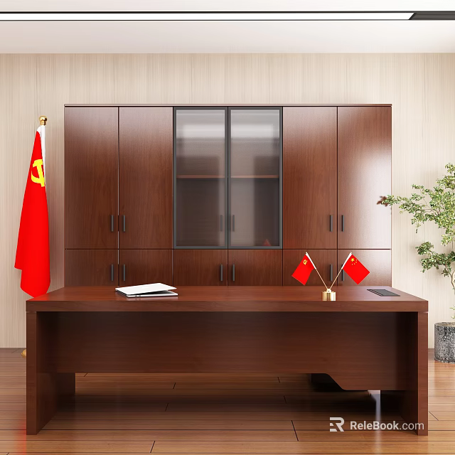 Professional Office With Brown Desk Cabinet Glass Door Red Flags Documents And Green Plant 3d model 