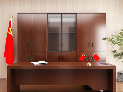Professional Office With Brown Desk Cabinet Glass Door Red Flags Documents And Green Plant 3d model