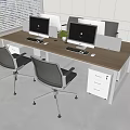 Wooden Office Desk With Computer Monitors Ergonomic Chairs Drawer Cabinet Against White Walls And Blinds