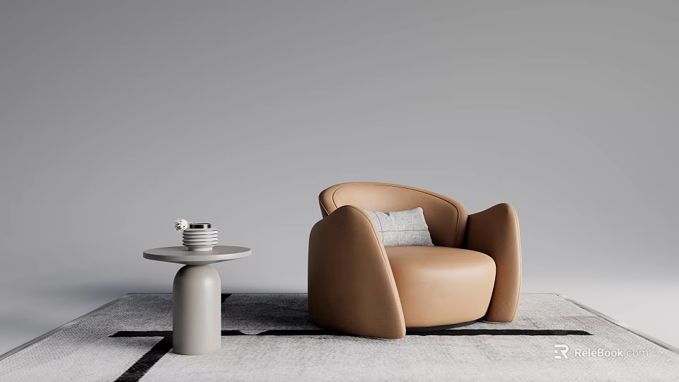 Modern Minimalist Tan Single Seater Sofa With Gray Cushion And Round Side Table 3d model 