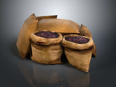 Burlap Sacks Filled With Red Beans Stacked In Heap On Dark Surface 3d model