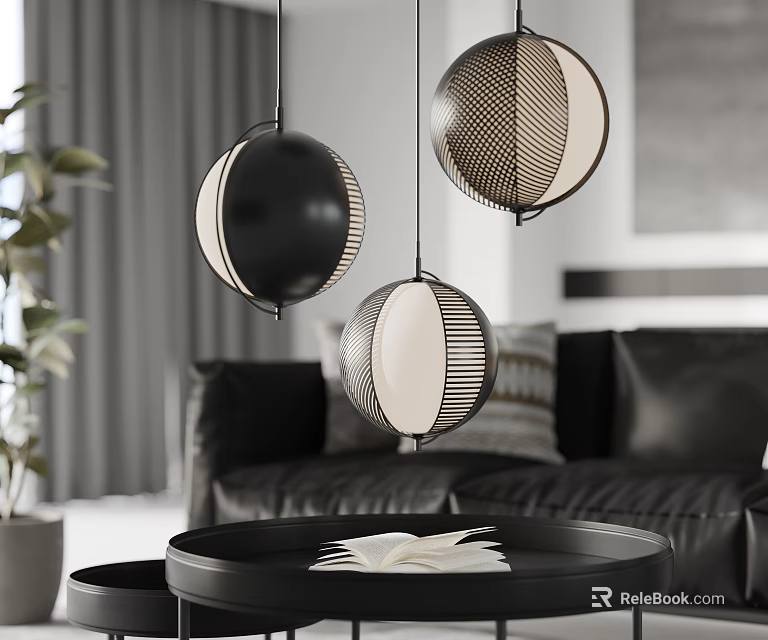 Modern Spherical Black And White Pendant Lights In Living Room With Black Sofa Coffee Table 3d model 