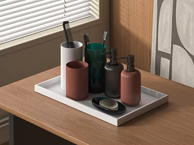 Colorful Bathroom Accessories Set With Tray Cups Soap Dish And Dispensers On Wooden Table 3d model