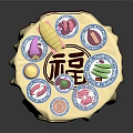 Traditional Chinese Food on Round Table with Decorative Tablecloth Colorful Dishes and Central Fortune Character